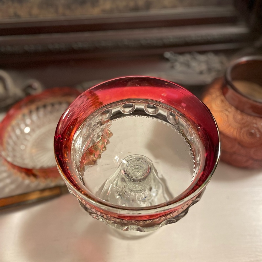 Vintage Indiana Glass Kings Crown Thumbprint Ruby Flash Glass Pedestal Compote - Picture 3 of 5